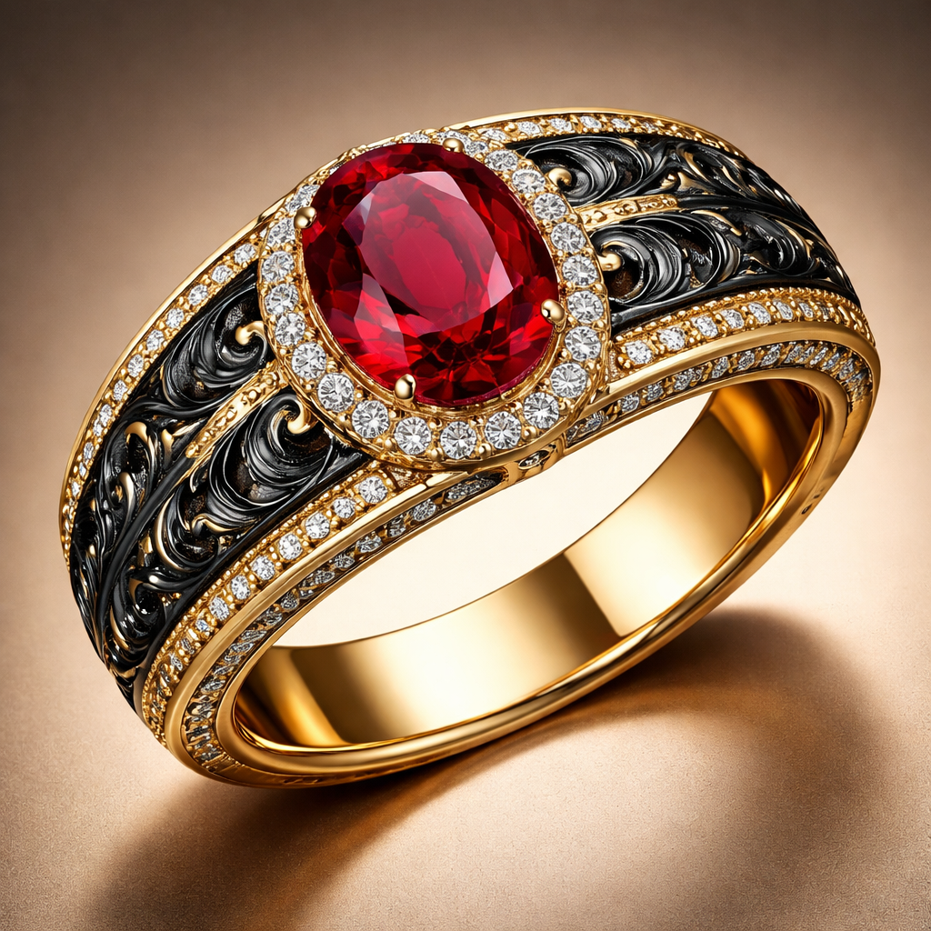 A golden band,ruby in the middle and obsidian beautiful designs
A golden band,ruby in the middle and obsidian beautiful designs , luxury style
