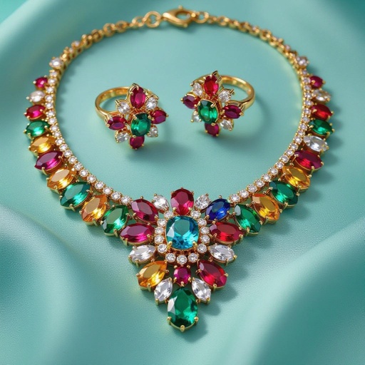 Necklace and ring and earring with luxury colorful jewel with gold