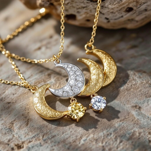 Подвеска из трех полумесяцев из матового неровного светлого золота соединенных цепочкой сверху самый широкий полукруг дальше средний и снизу самый маленький