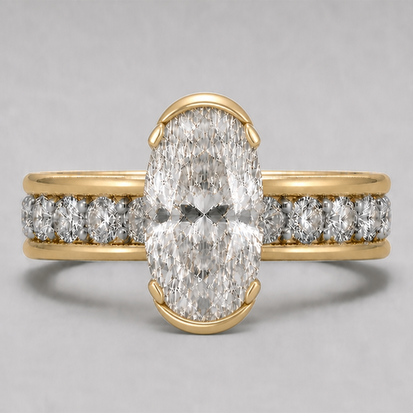 add 2mm bezel on the south and north of the stone
edit the attached jewelry design with these instructions: add 2mm bezel on the south and north of the stone. keep it photorealistic, just the design no text