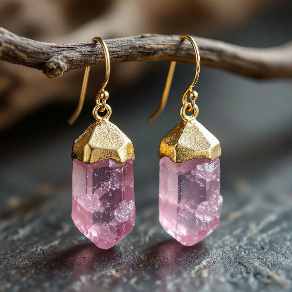 Серьги матовое золото с эффектом неровности Необработанный бледно розовый кварц в виде длинного кристалла