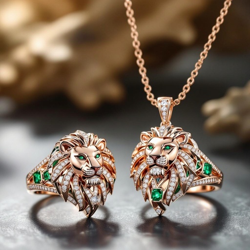 Earrings set and necklace of Lion king edges Geometric lion ring of rose gold and white goldGeomatricw lion of architecture shape and edge of diamonds and emerlad of rose gold 