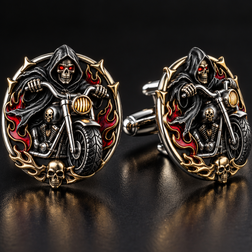 A gothic men's cufflinks made of mixed metal suitable for party, detailed and decorative, moderately ornate. reaper on a motorcycle
using the attached image as a visual reference, create A gothic men's cufflinks made of mixed metal suitable for party, detailed and decorative, moderately ornate. reaper on a motorcycle. photorealistic, just the design no text