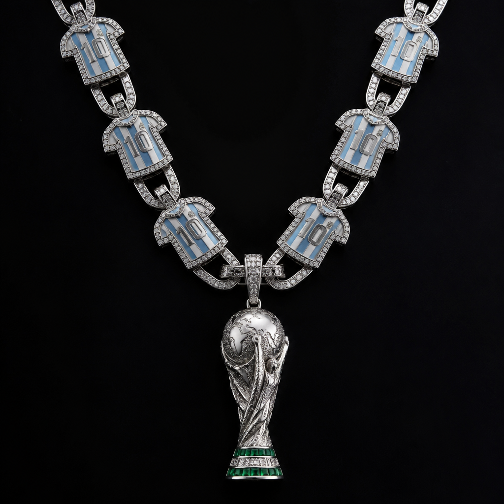 A chain men's necklace made of silver with diamond stones, detailed and decorative, moderately ornate. una cadena gruesa y que en cada eslavon sea una camisola de Argentina de futbol con el numero 10 y que tenga un dije de la copa mundial en plateado con detalles verdes
photorealistic jewelry design, A chain men's necklace made of silver with diamond stones, detailed and decorative, moderately ornate. una cadena gruesa y que en cada eslavon sea una camisola de Argentina de futbol con el numero 10 y que tenga un dije de la copa mundial en plateado con detalles verdes, chain style, just the design no text