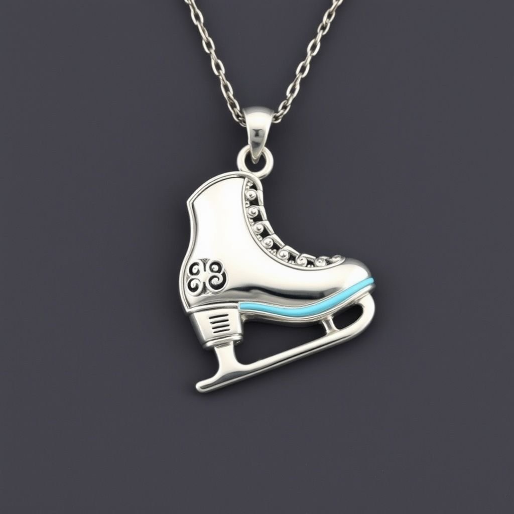Silver Pendant shape one ice skate with turquoise stripe inside the low thin part blade