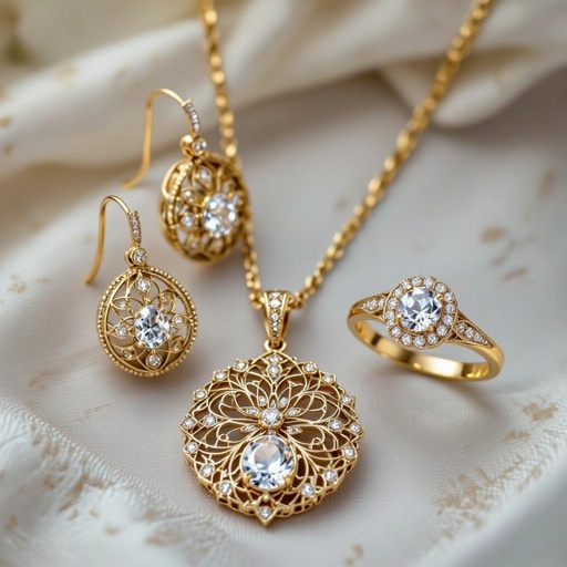 Modern earring and necklace and ring  jewelry design with gold