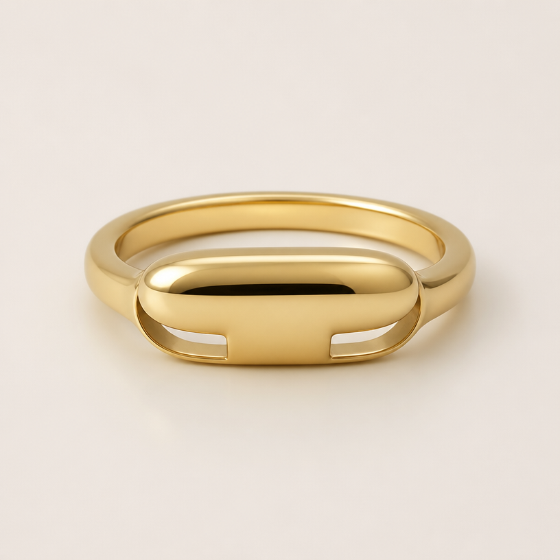A minimalist women's ring made of gold
using the attached image as a visual reference, create A minimalist women's ring made of gold. photorealistic, just the design no text