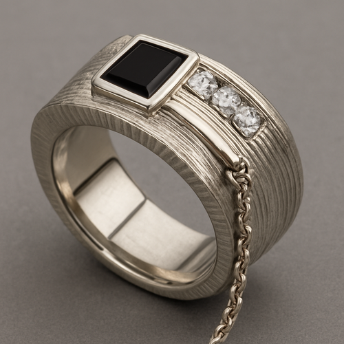Modern ring with diamonds, onyx and elements such interesting textural elements and gave a hanging chain 