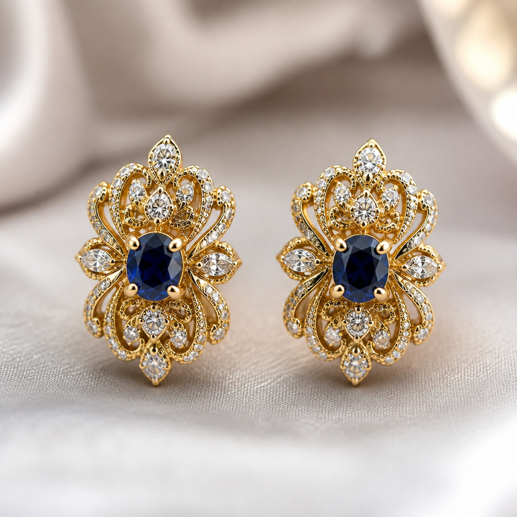 A cocktail women's earrings made of gold with sapphire stones suitable for daily wear, highly ornate, intricate and elaborate, richly detailed. delicado y sencillo pero que los aretes sean cortos
photorealistic jewelry design, A cocktail women's earrings made of gold with sapphire stones suitable for daily wear, highly ornate, intricate and elaborate, richly detailed. delicado y sencillo pero que los aretes sean cortos, cocktail style, just the design no text