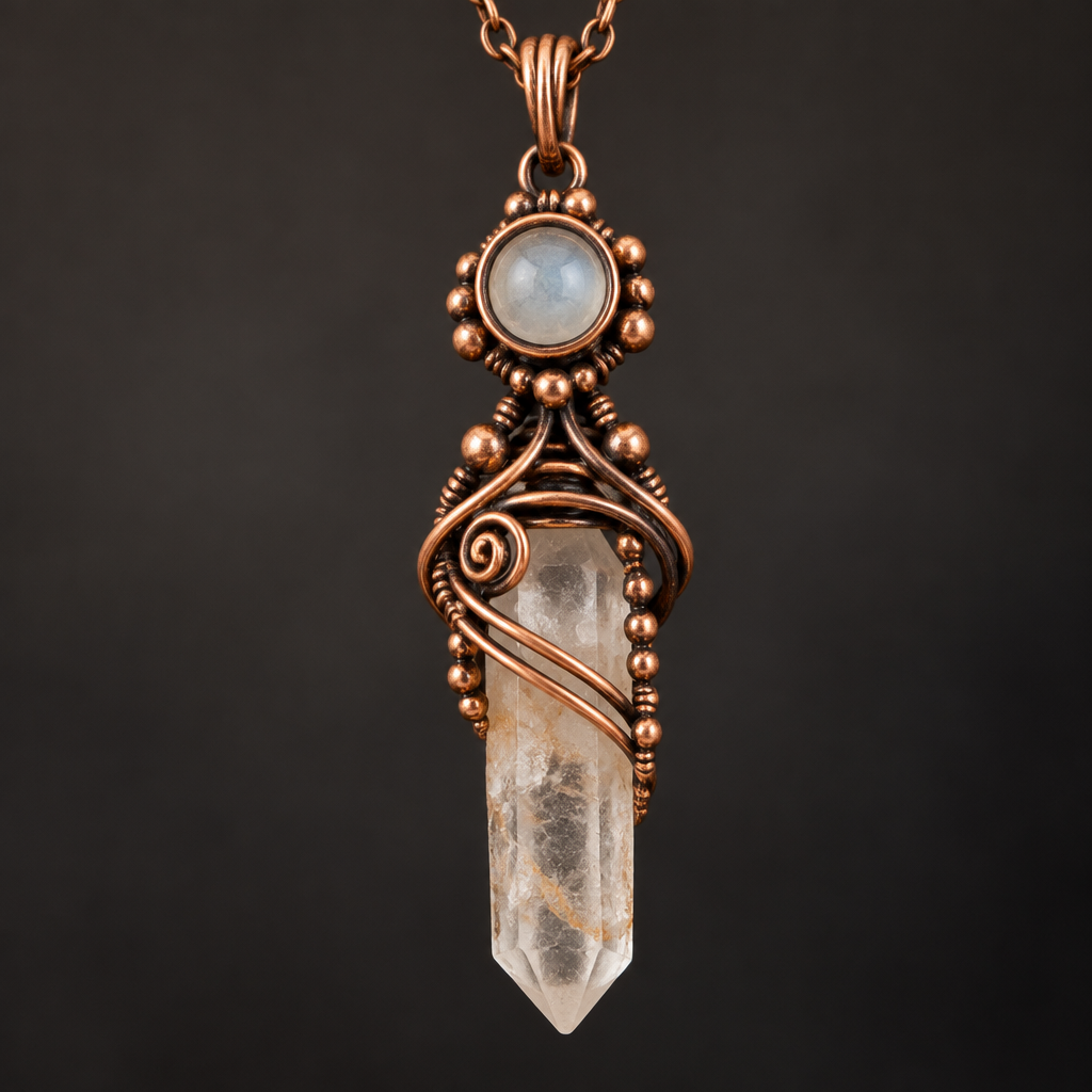 A beaded women's pendant made of copper, detailed and decorative, moderately ornate. wire wrapped raw quarts point with 2 components
photorealistic jewelry design, A beaded women's pendant made of copper, detailed and decorative, moderately ornate. wire wrapped raw quarts point with 2 components, beaded style, just the design no text