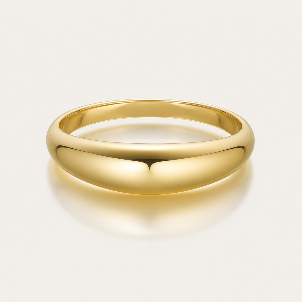 A minimalist women's ring made of gold, minimalist, simple and delicate, clean lines. tapered cigar dome ring 10mm
photorealistic jewelry design, A minimalist women's ring made of gold, minimalist, simple and delicate, clean lines. tapered cigar dome ring 10mm, minimalist style, just the design no text