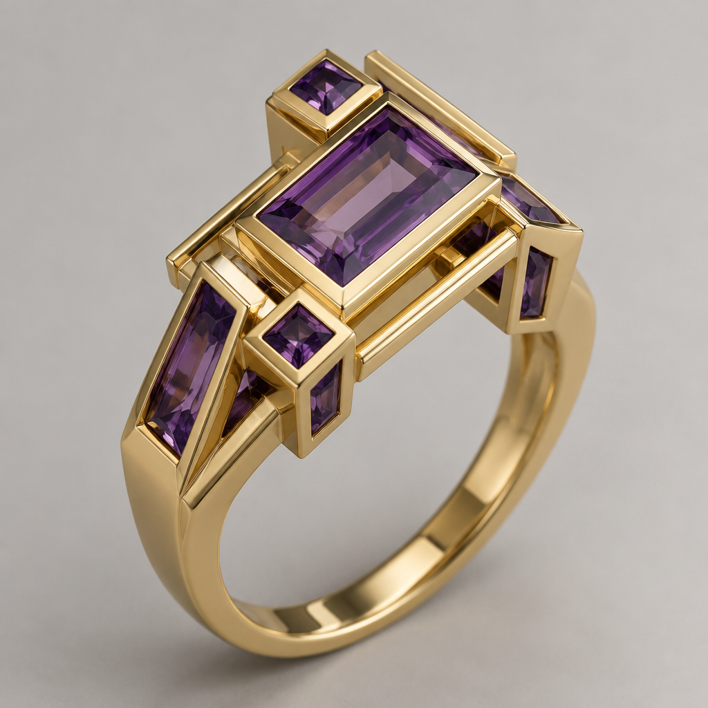 A geometric women's ring made of gold with amethyst stones
photorealistic jewelry design, A geometric women's ring made of gold with amethyst stones, geometric style, just the design no text