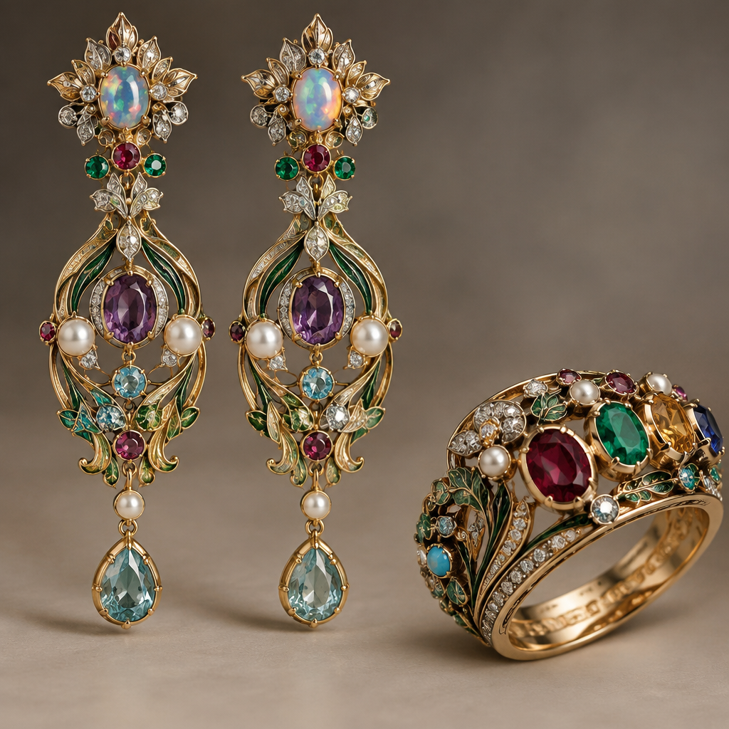 A art nouveau women's earrings made of mixed metal with diamond and sapphire and emerald and ruby and pearl and amethyst and topaz and opal and garnet and aquamarine and turquoise stones, highly ornate, intricate and elaborate, richly detailed. ein weiß goldener Ring der mehr in Richtung Gold geht, welcher sehr an alte Zeiten erinnert, besonders durch bunte Steine in Reihe und Glied
photorealistic jewelry design, A art nouveau women's earrings made of mixed metal with diamond and sapphire and emerald and ruby and pearl and amethyst and topaz and opal and garnet and aquamarine and turquoise stones, highly ornate, intricate and elaborate, richly detailed. ein weiß goldener Ring der mehr in Richtung Gold geht, welcher sehr an alte Zeiten erinnert, besonders durch bunte Steine in Reihe und Glied, art_nouveau style, just the design no text