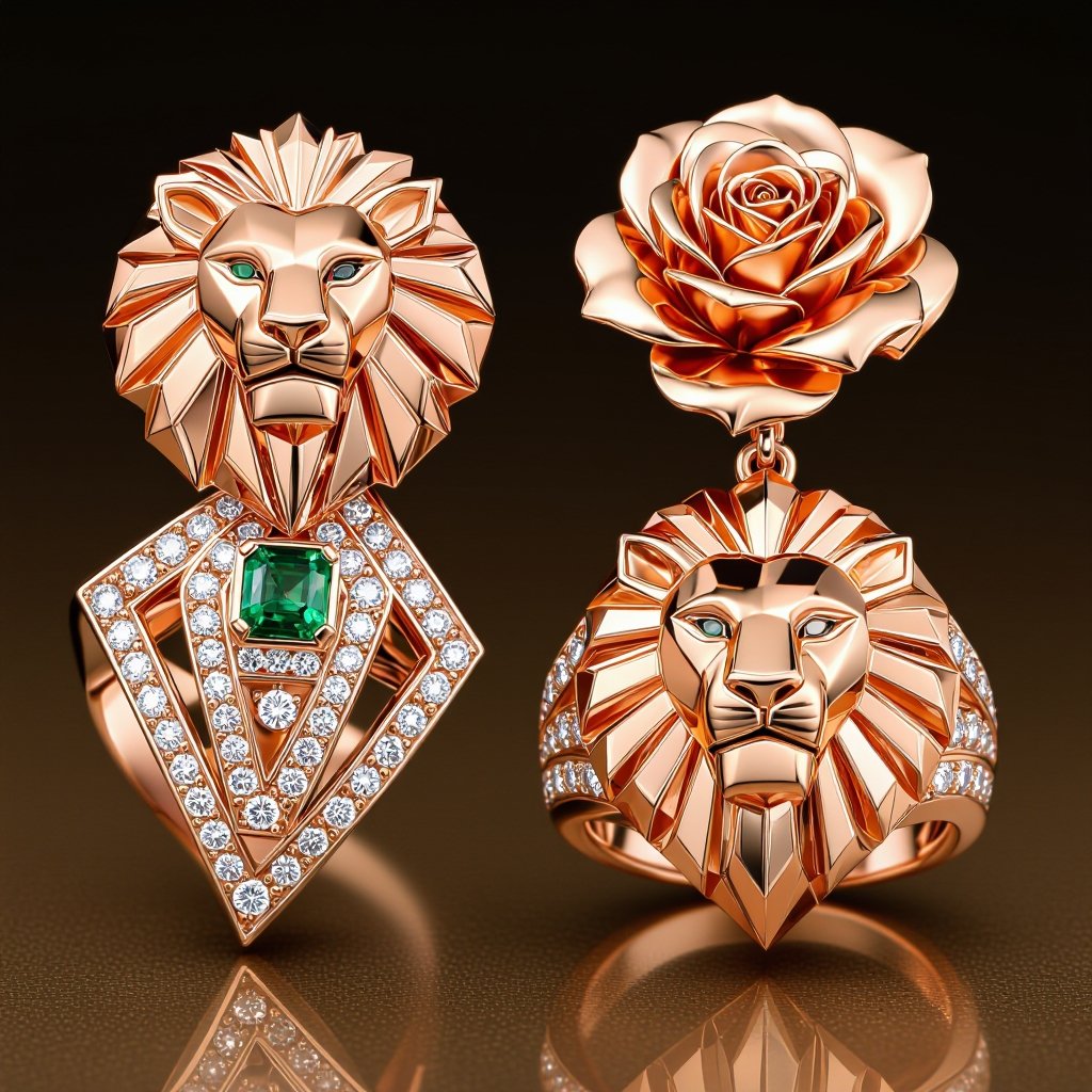 Earrings set of Lion king edges Geometric lion ring of rose gold and white goldGeomatricw lion of architecture shape and edge of diamonds and emerlad of rose gold 