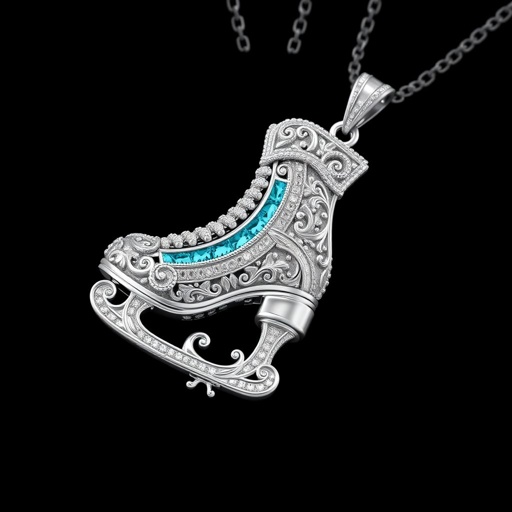 Silver Pendant shape one ice skate with turquoise stripe inside the low thin part blade