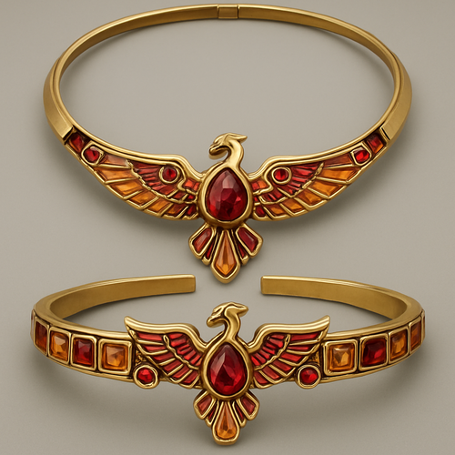 A full Ruby jewelry set including bracelet with at least 10 citrine and topaz inlays with phoenix themes and an omega necklace