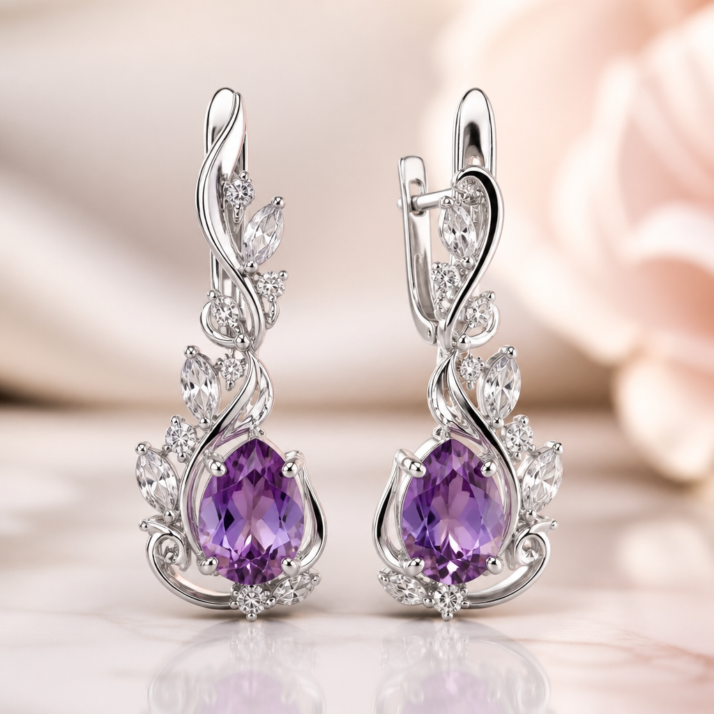 A romantic women's earrings made of white gold with amethyst and diamond stones suitable for wedding. earrings romantic with withe gold in amethyst and diamond for wedding
photorealistic jewelry design, A romantic women's earrings made of white gold with amethyst and diamond stones suitable for wedding. earrings romantic with withe gold in amethyst and diamond for wedding, romantic style, just the design no text