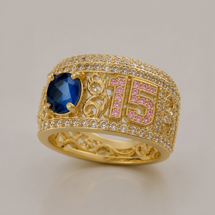 A women's ring, highly ornate, intricate and elaborate, richly detailed. anel de 15 anos nesse estilo com a pedra do outro lado da letra ,cheio de pedrinhas em volta com a frase 28/03/2013 e o anel um pouco menor
using the attached image as a visual reference, create A women's ring, highly ornate, intricate and elaborate, richly detailed. anel de 15 anos nesse estilo com a pedra do outro lado da letra ,cheio de pedrinhas em volta com a frase 28/03/2013 e o anel um pouco menor. photorealistic, just the design no text