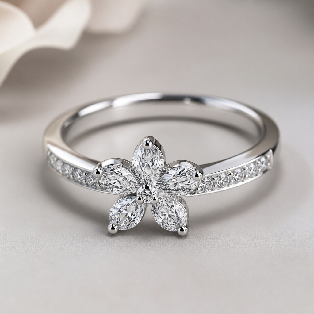 A luxury women's ring made of platinum with diamond stones suitable for daily wear. A platinum luxury style ring with a flower shaped diamond for daily wear
photorealistic jewelry design, A luxury women's ring made of platinum with diamond stones suitable for daily wear. A platinum luxury style ring with a flower shaped diamond for daily wear, luxury style, just the design no text