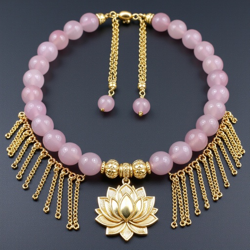 Длинное колье из мелкого розового кварца посредине лотос от лотоса идут цепочки золотые вниз