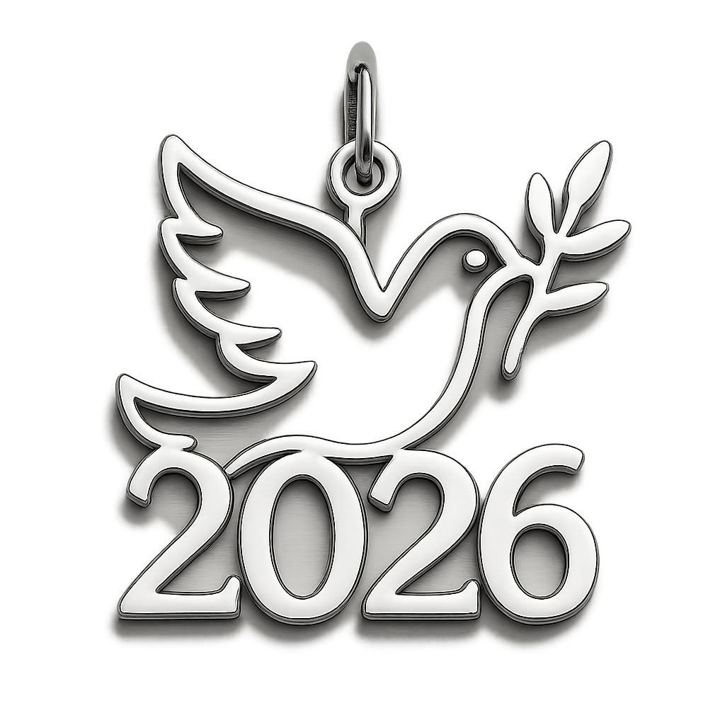 Silver cut-out charm blending together the pigeon of peace hold an olive branch along the year 2026