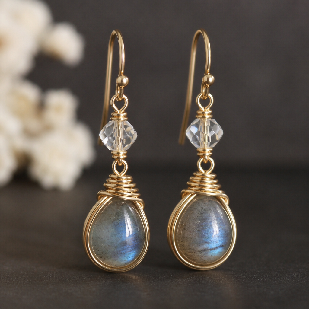 A wire-wrapped women's earrings suitable for daily wear. beautiful bead, crystal bead and wire earrings
photorealistic jewelry design, A wire-wrapped women's earrings suitable for daily wear. beautiful bead, crystal bead and wire earrings, wire_wrapped style, just the design no text
