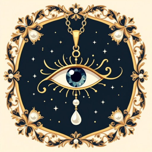 Тонкая цепочка с золотыми шариками и мелкими жемчужными камушками на цепочке есть кулон в форме глаза, зрачок глаза из раухтопаза от глаза идет маленькая подвеска с маленьким камушком 