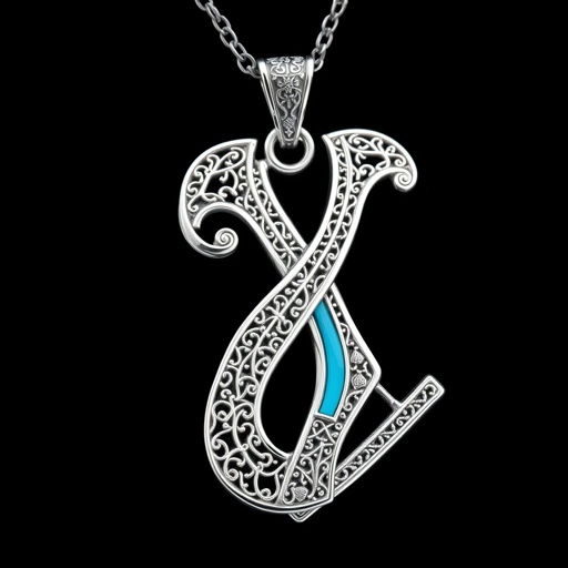 Silver pendant in the shape of ice skating blades with a turquoise stripe within the blade