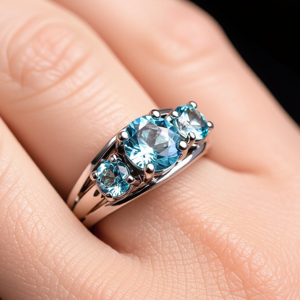 Aquamarine, and stones, silver ring with pisces/fish motif for man.