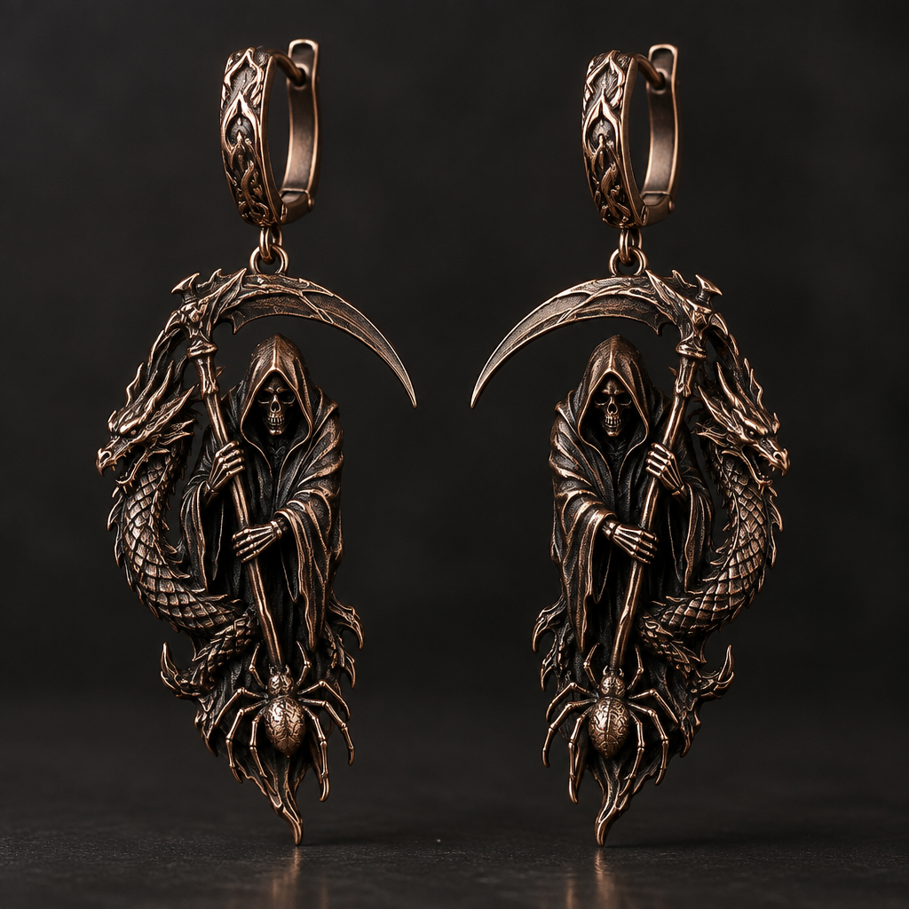 A luxury men's earrings made of copper suitable for daily wear. a reaper with a dragon coat and a spider
photorealistic jewelry design, A luxury men's earrings made of copper suitable for daily wear. a reaper with a dragon coat and a spider, luxury style, just the design no text