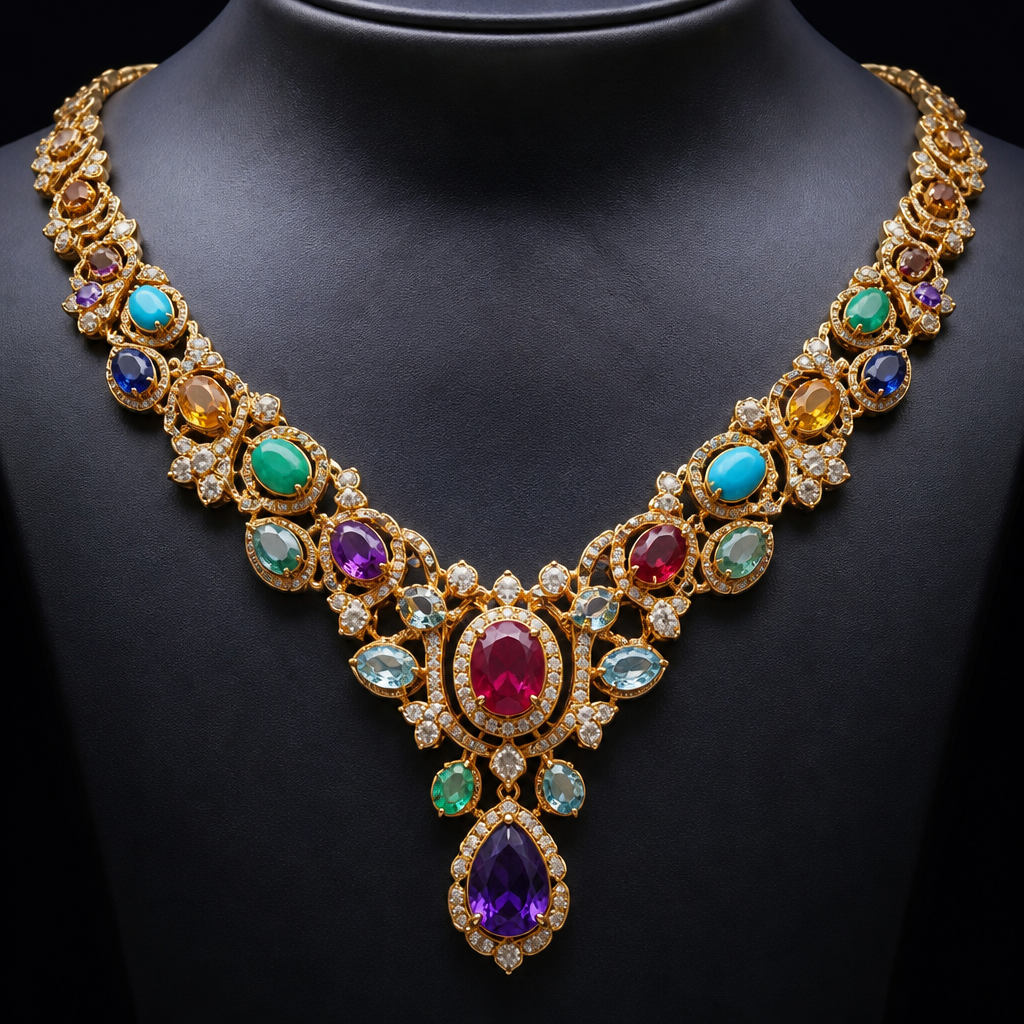 A luxury women's necklace made of gold with ruby and turquoise and sapphire and emerald and amethyst and topaz and aquamarine stones suitable for party. en oro amarillo con piedras naturales de colores
photorealistic jewelry design, A luxury women's necklace made of gold with ruby and turquoise and sapphire and emerald and amethyst and topaz and aquamarine stones suitable for party. en oro amarillo con piedras naturales de colores, luxury style, just the design no text