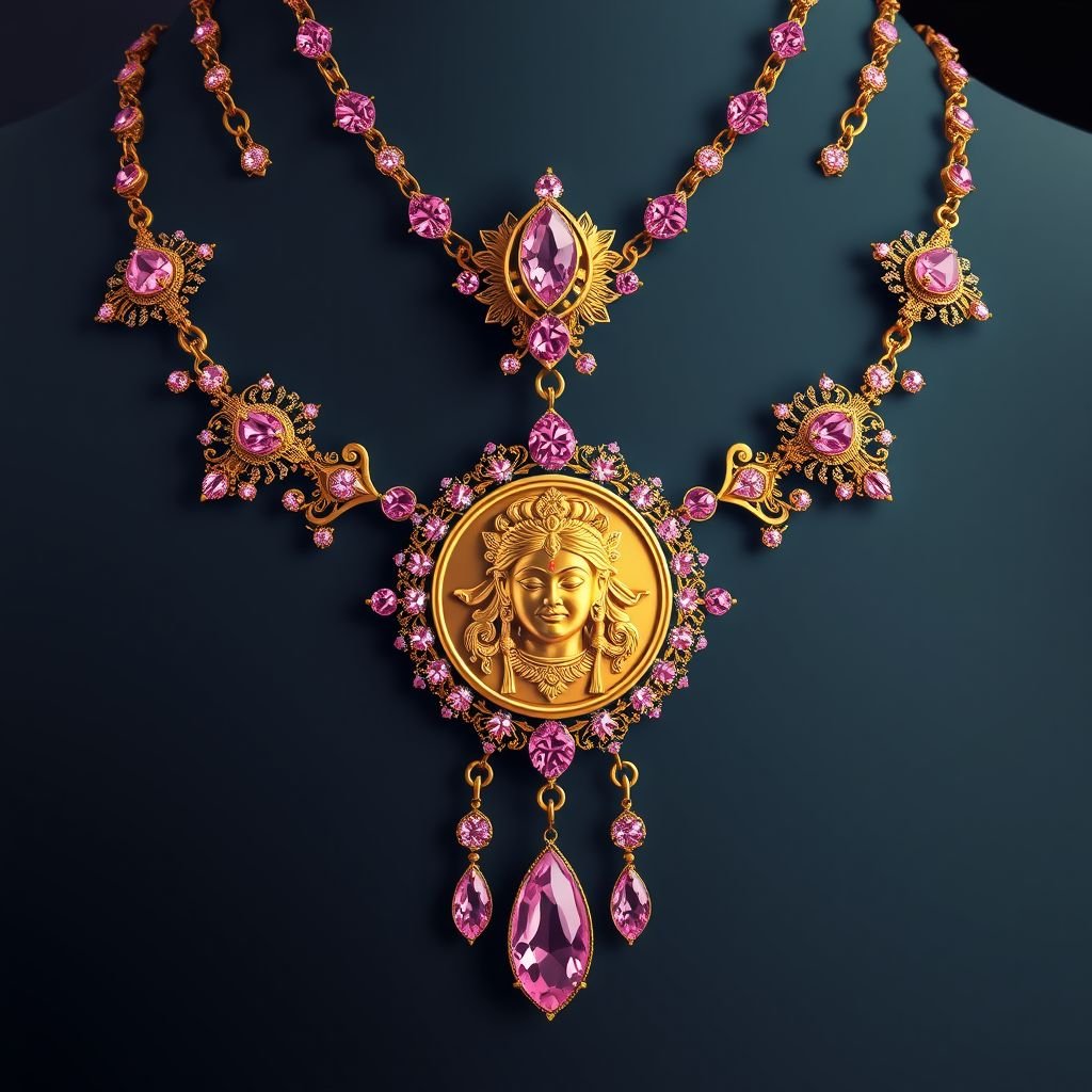 necklace with God photo with pink diamond gold