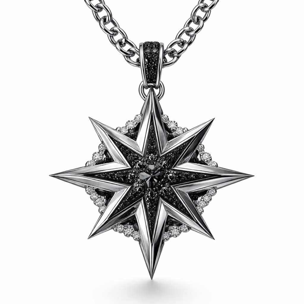 Unique modern edgy pendant with chain for men of Unique design of edges and bold shapes of nice unique star with black diamonds and white diamonds of white background