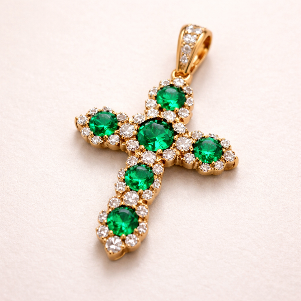 Small rounded Emerald cross with accent diamonds, prong set stones