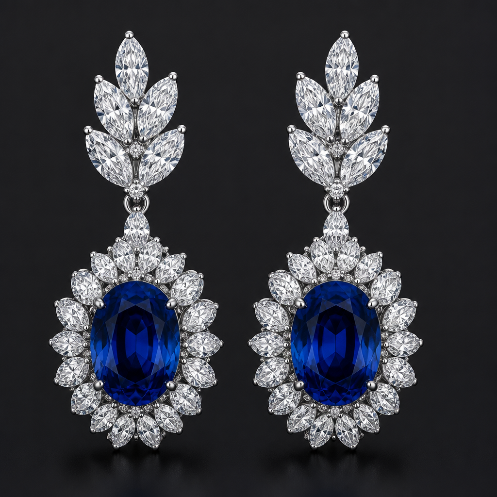 A royal women's earrings made of white gold with sapphire stones. diamond Marquees, gemstone Oval shape blue sappire
photorealistic jewelry design, A royal women's earrings made of white gold with sapphire stones. diamond Marquees, gemstone Oval shape blue sappire, royal style, just the design no text