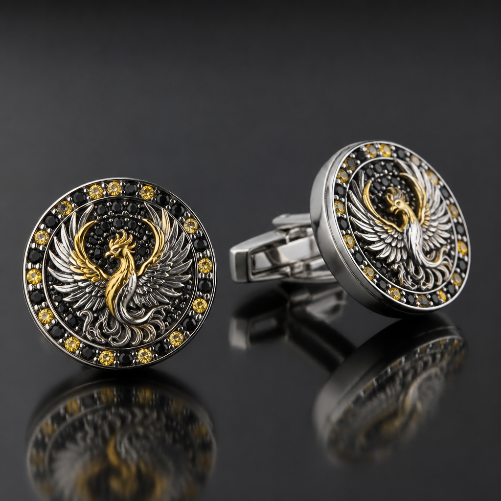 A men's cufflinks. create a white gold cufling set with yellow and black diamonds with a Phoenix theme
photorealistic jewelry design, A men's cufflinks. create a white gold cufling set with yellow and black diamonds with a Phoenix theme, modern style, just the design no text