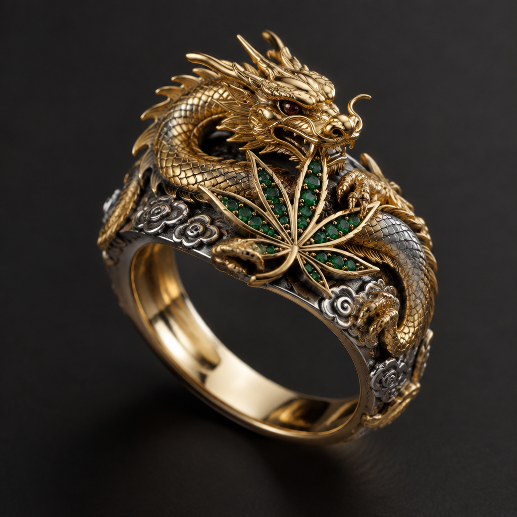 A asian-inspired women's ring made of mixed metal suitable for formal. a dragon with a potleaf
photorealistic jewelry design, A asian-inspired women's ring made of mixed metal suitable for formal. a dragon with a potleaf, asian_inspired style, just the design no text