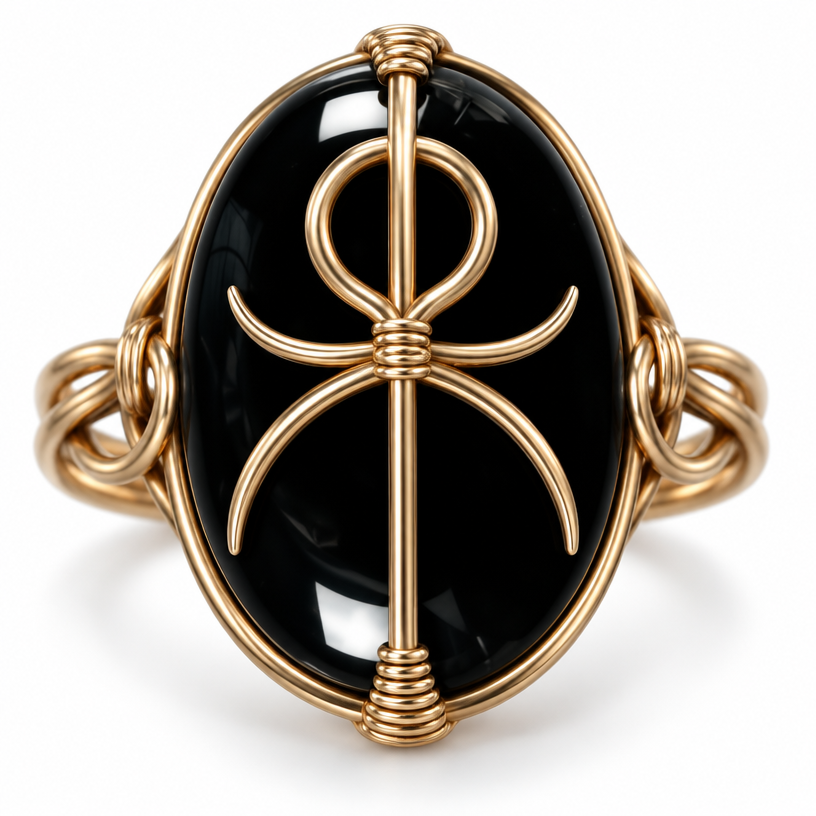 A women's ring. wire wrapped Ahki symbol on black oval stone
using the attached image as a visual reference, create A women's ring. wire wrapped Ahki symbol on black oval stone. photorealistic, just the design no text