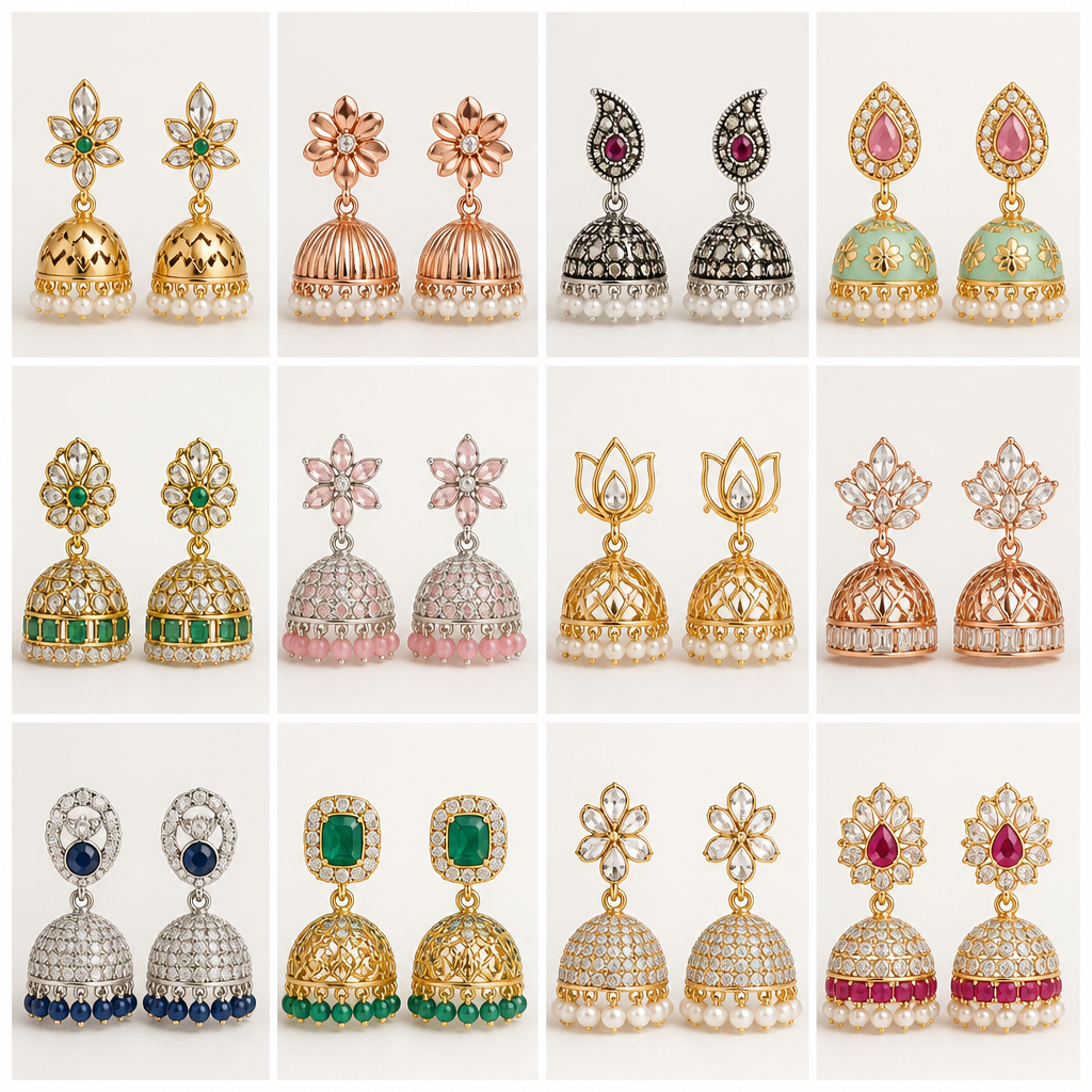 A women's ring. Create 12 completely original Indian imitation-jewellery jhumka designs for a mass-market jewellery brand.
The designs must be commercially viable, attractive, wearable, lightweight-looking and practical to manufacture.
Create a balanced collection:
4 Daily Wear designs
4 Trendy/Festive designs
2 Premium Party designs
2 Bridal designs
Every design must be visually different from the others, with different top motifs, jhumka shapes, stone arrangements, colours and detailing.
Use attractive combinations of gold, rose gold, silver/oxidized finish, pearls, CZ stones, ruby pink, emerald green, white and pastel colours.
Avoid unnecessarily heavy designs, excessive stones and complicated structures that increase manufacturing cost.
Focus on originality, elegance, affordability, comfort and strong visual appeal.
The designs should look like real jewellery that can actually be manufactured, not fantasy jewellery.
Show all 12 designs clearly in a professional jewellery catalogue style, front-facing, symmetrical, high detail, clean background, realistic metal and stone textures, premium commercial product photography, 4K.
Do not copy or reproduce any existing jewellery design or brand. Create fresh design concepts.
photorealistic jewelry design, A women's ring. Create 12 completely original Indian imitation-jewellery jhumka designs for a mass-market jewellery brand.
The designs must be commercially viable, attractive, wearable, lightweight-looking and practical to manufacture.
Create a balanced collection:
4 Daily Wear designs
4 Trendy/Festive designs
2 Premium Party designs
2 Bridal designs
Every design must be visually different from the others, with different top motifs, jhumka shapes, stone arrangements, colours and detailing.
Use attractive combinations of gold, rose gold, silver/oxidized finish, pearls, CZ stones, ruby pink, emerald green, white and pastel colours.
Avoid unnecessarily heavy designs, excessive stones and complicated structures that increase manufacturing cost.
Focus on originality, elegance, affordability, comfort and strong visual appeal.
The designs should look like real jewellery that can actually be manufactured, not fantasy jewellery.
Show all 12 designs clearly in a professional jewellery catalogue style, front-facing, symmetrical, high detail, clean background, realistic metal and stone textures, premium commercial product photography, 4K.
Do not copy or reproduce any existing jewellery design or brand. Create fresh design concepts., modern style, just the design no text