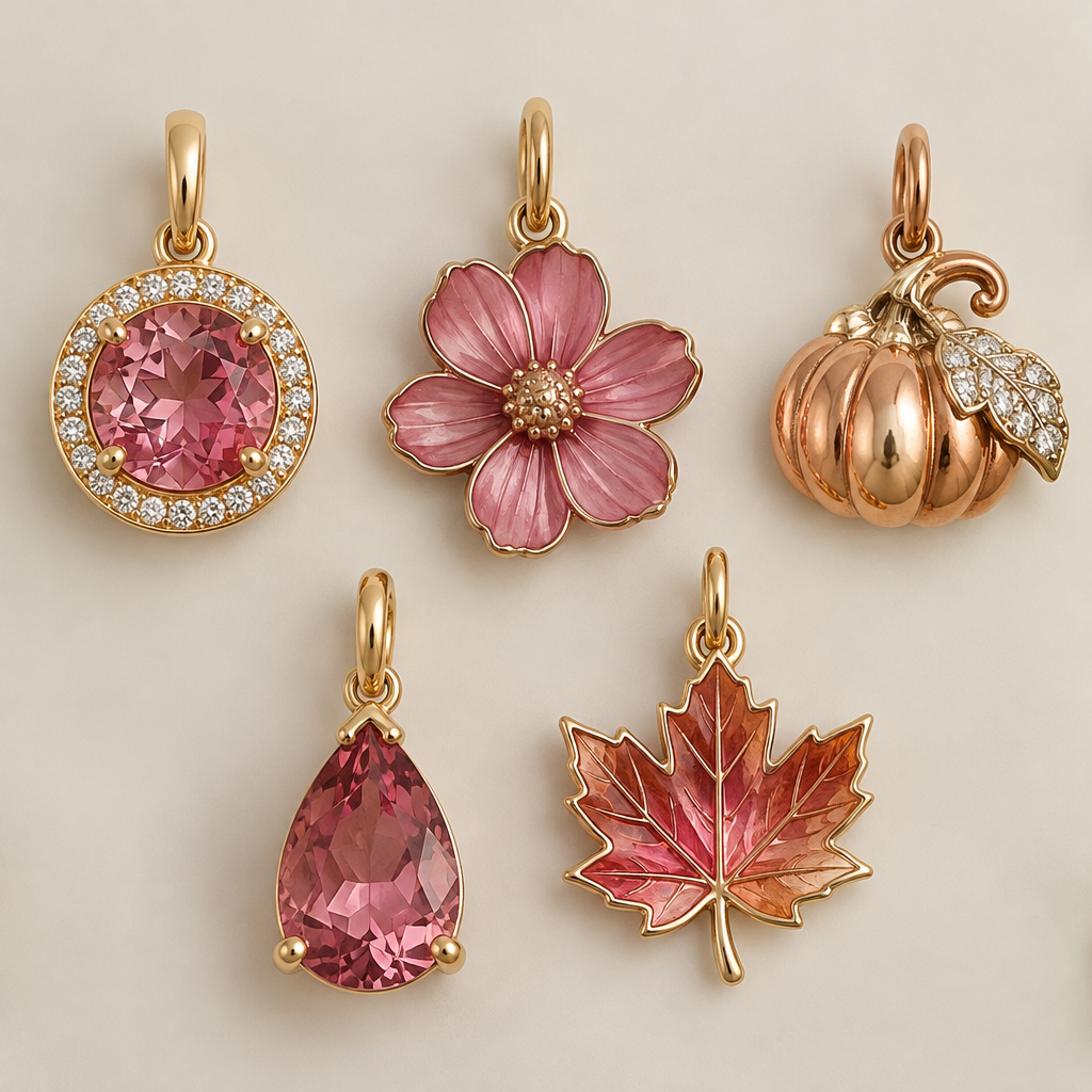 Create 5 charms for an October birthday
photorealistic jewelry design, Create 5 charms for an October birthday , just the design no text