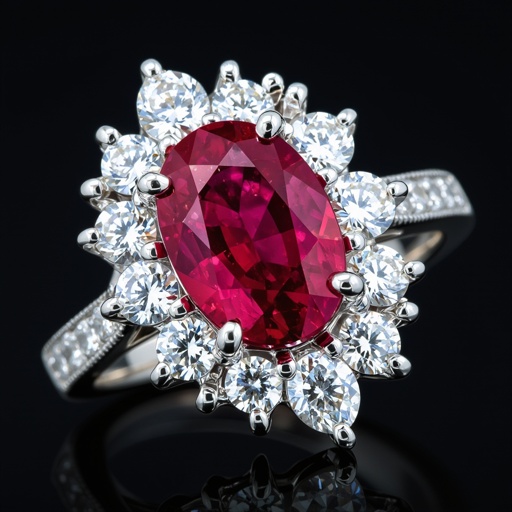 Oval center stone ruby 1.18 carat  7.40mm. X 4.8mm with 8 marquis diamonds 0.08 carats each 