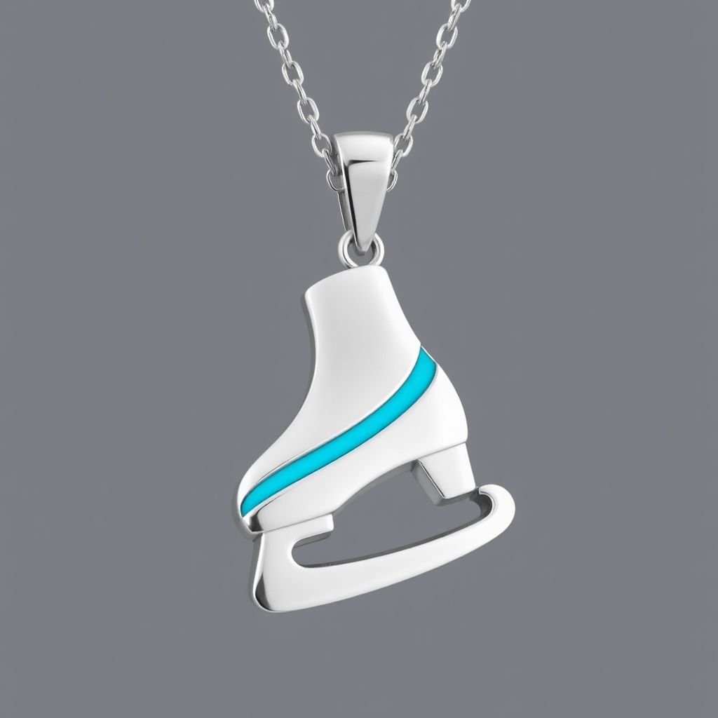 Silver Pendant shape one ice skate with turquoise stripe inside the low thin part blade 