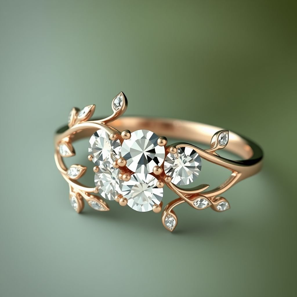 Engagement ring with 3 round stones that is nature inspired with vines in the band and little marquis diamonds as leaves with a unique asymmetrical design mirrored on either side.
Design an enchanting engagement ring featuring three glistening round stones at its heart, symbolizing unity and growth. The band is intricately crafted with winding vines that curl gracefully around the stones, embellished with delicate marquis diamonds resembling shimmering leaves. The asymmetrical design creates a captivating balance, celebrating the beauty of nature's organic forms.