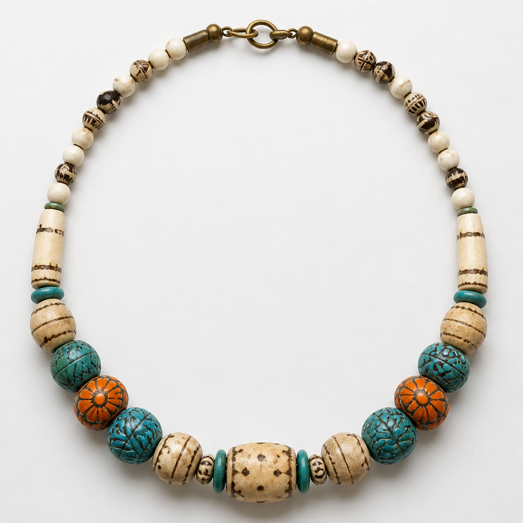 Create a beaded necklace, using African bone beads in neutral colors and African glass beads in turquoise and orange floral
photorealistic jewelry design, Create a beaded necklace, using African bone beads in neutral colors and African glass beads in turquoise and orange floral, contemporary style, just the design no text
