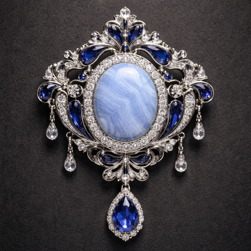 Make me a silver brooch with a blue lace agate for the middle and royal blue accents. Ouji aesthetic make it look royal. Make the blue lace agate stone in the middle circles with diamonds