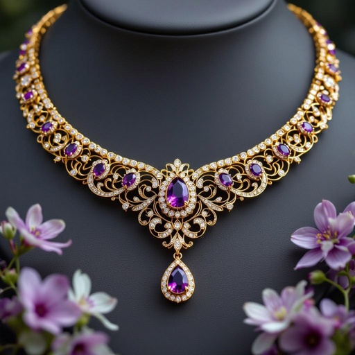 Golden necklace with diamonds and violet gems