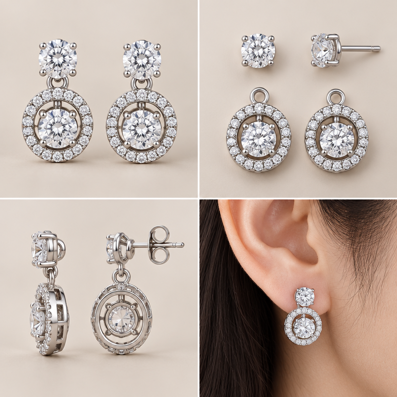 A women's earrings. สามารถถอดออกเป็นส่วนๆได้, แบบอ่อมให้หู,4 views
using the attached image as a visual reference, create A women's earrings. สามารถถอดออกเป็นส่วนๆได้, แบบอ่อมให้หู,4 views. photorealistic, just the design no text