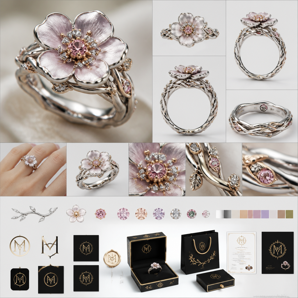 A women's ring. You are an award-winning Haute Joaillerie Creative Director and Master Jewelry Designer for luxury houses such as Van Cleef & Arpels, Boucheron, Cartier, and Buccellati.
Design a one-of-a-kind signature ring that represents my personal identity. This is not simply a piece of jewelry—it is my personal emblem, my life story, and a future family heirloom.
## Main Inspiration
The ring is inspired by the Hellebore (Winter Rose), the flower that blooms during the coldest and harshest winter when almost nothing else survives. It symbolizes resilience, quiet strength, transformation, feminine power, self-love, grace under pressure, hope, and beauty that flourishes through adversity.
The emotional message of the ring should be:
"I bloom where others cannot."
## Design Language
Create a design that feels organic, elegant, feminine, timeless, and luxurious.
Avoid making it look like a flower sitting on top of a ring.
Instead, the flower should naturally grow from flowing branches that wrap around the finger like living sculpture.
Every curve should feel intentional and graceful.
The design should look like a museum masterpiece.
## Daily Wear Requirements
Although it must look like high jewelry, it should also be engineered for comfortable everyday wear.
The AI should redesign every structural element with wearability in mind.
Requirements:
• Low-profile center stone that won't catch on clothing
• Rounded interior comfort-fit band
• Balanced weight
• Smooth edges
• Strong hidden support under the flower
• Durable enough for everyday luxury wear
• Elegant from every viewing angle
## Flower
Design a realistic Hellebore flower with soft botanical proportions.
Five elegant petals with delicate textures.
Soft curved edges.
Not cartoonish.
Natural and sophisticated.
The petals should look alive.
## Color Palette
Use a refined feminine luxury palette.
Mixed precious metals:
• Platinum
• White Gold
• Soft Rose Gold accents
Flower petals:
Soft blush pink
Soft lavender
Champagne ivory
Pearlescent white
Very subtle gradients
Center stone:
Choose the most elegant option:
Pink diamond
Pink sapphire
Morganite
Fancy light pink diamond
Accent stones:
White diamonds
Champagne diamonds
Tiny pink sapphires
Very small lavender gemstones
Tiny green tsavorites only as hidden leaves.
The colors should remain sophisticated—not colorful for the sake of being colorful.
Think quiet luxury.
## Hidden Symbolism
Hide meaningful details only the wearer knows.
Examples:
Hidden snowflake
Infinity symbol
Hidden star
Tiny heart
Secret blooming bud
Frozen branches
Subtle winter crystal textures
Everything should have symbolic meaning.
## Feminine Energy
The ring should communicate:
Softness
Confidence
Grace
Strength
Elegance
Wisdom
Inner peace
Quiet power
Luxury without excess
It should feel powerful without looking aggressive.
## My Personal Signature Logo
Create an original luxury monogram that becomes my personal jewelry hallmark.
Requirements:
• Elegant luxury logo
• Timeless
• Minimal
• Looks authentic
• Suitable for engraving inside every future jewelry piece
• Inspired by luxury maisons
• Fine line design
• Circular seal version
• Monogram version
• Wax seal version
• Black and gold presentation
• Include several logo concepts
The logo should represent:
Resilience
Blooming in winter
Feminine power
Luxury
Authenticity
Timeless elegance
## Presentation Board
Do NOT only render the ring.
Create a complete luxury jewelry presentation board similar to those used by high-jewelry design studios.
Include:
• Hero render
• Front view
• Side view
• Top view
• Back view
• Inside view
• Finger-wear render
• Close-up macro details
• Color palette
• Material palette
• Gemstone selection
• Symbolism explanation
• Comfort engineering notes
• Hidden details callouts
• Manufacturing notes
• Personal logo concepts
• Branding direction
• Luxury packaging concept
• Jewelry certificate concept
• Signature jewelry box
• Authentication card
• Hallmark placement
• Designer notes
The entire presentation should look like it came directly from the design department of a world-famous haute joaillerie house.
Ultra-realistic, photorealistic, museum quality, editorial luxury presentation, refined typography, clean white layout, premium design board, 8K, award-winning jewelry concept.
photorealistic jewelry design, A women's ring. You are an award-winning Haute Joaillerie Creative Director and Master Jewelry Designer for luxury houses such as Van Cleef & Arpels, Boucheron, Cartier, and Buccellati.
Design a one-of-a-kind signature ring that represents my personal identity. This is not simply a piece of jewelry—it is my personal emblem, my life story, and a future family heirloom.
## Main Inspiration
The ring is inspired by the Hellebore (Winter Rose), the flower that blooms during the coldest and harshest winter when almost nothing else survives. It symbolizes resilience, quiet strength, transformation, feminine power, self-love, grace under pressure, hope, and beauty that flourishes through adversity.
The emotional message of the ring should be:
"I bloom where others cannot."
## Design Language
Create a design that feels organic, elegant, feminine, timeless, and luxurious.
Avoid making it look like a flower sitting on top of a ring.
Instead, the flower should naturally grow from flowing branches that wrap around the finger like living sculpture.
Every curve should feel intentional and graceful.
The design should look like a museum masterpiece.
## Daily Wear Requirements
Although it must look like high jewelry, it should also be engineered for comfortable everyday wear.
The AI should redesign every structural element with wearability in mind.
Requirements:
• Low-profile center stone that won't catch on clothing
• Rounded interior comfort-fit band
• Balanced weight
• Smooth edges
• Strong hidden support under the flower
• Durable enough for everyday luxury wear
• Elegant from every viewing angle
## Flower
Design a realistic Hellebore flower with soft botanical proportions.
Five elegant petals with delicate textures.
Soft curved edges.
Not cartoonish.
Natural and sophisticated.
The petals should look alive.
## Color Palette
Use a refined feminine luxury palette.
Mixed precious metals:
• Platinum
• White Gold
• Soft Rose Gold accents
Flower petals:
Soft blush pink
Soft lavender
Champagne ivory
Pearlescent white
Very subtle gradients
Center stone:
Choose the most elegant option:
Pink diamond
Pink sapphire
Morganite
Fancy light pink diamond
Accent stones:
White diamonds
Champagne diamonds
Tiny pink sapphires
Very small lavender gemstones
Tiny green tsavorites only as hidden leaves.
The colors should remain sophisticated—not colorful for the sake of being colorful.
Think quiet luxury.
## Hidden Symbolism
Hide meaningful details only the wearer knows.
Examples:
Hidden snowflake
Infinity symbol
Hidden star
Tiny heart
Secret blooming bud
Frozen branches
Subtle winter crystal textures
Everything should have symbolic meaning.
## Feminine Energy
The ring should communicate:
Softness
Confidence
Grace
Strength
Elegance
Wisdom
Inner peace
Quiet power
Luxury without excess
It should feel powerful without looking aggressive.
## My Personal Signature Logo
Create an original luxury monogram that becomes my personal jewelry hallmark.
Requirements:
• Elegant luxury logo
• Timeless
• Minimal
• Looks authentic
• Suitable for engraving inside every future jewelry piece
• Inspired by luxury maisons
• Fine line design
• Circular seal version
• Monogram version
• Wax seal version
• Black and gold presentation
• Include several logo concepts
The logo should represent:
Resilience
Blooming in winter
Feminine power
Luxury
Authenticity
Timeless elegance
## Presentation Board
Do NOT only render the ring.
Create a complete luxury jewelry presentation board similar to those used by high-jewelry design studios.
Include:
• Hero render
• Front view
• Side view
• Top view
• Back view
• Inside view
• Finger-wear render
• Close-up macro details
• Color palette
• Material palette
• Gemstone selection
• Symbolism explanation
• Comfort engineering notes
• Hidden details callouts
• Manufacturing notes
• Personal logo concepts
• Branding direction
• Luxury packaging concept
• Jewelry certificate concept
• Signature jewelry box
• Authentication card
• Hallmark placement
• Designer notes
The entire presentation should look like it came directly from the design department of a world-famous haute joaillerie house.
Ultra-realistic, photorealistic, museum quality, editorial luxury presentation, refined typography, clean white layout, premium design board, 8K, award-winning jewelry concept., modern style, just the design no text