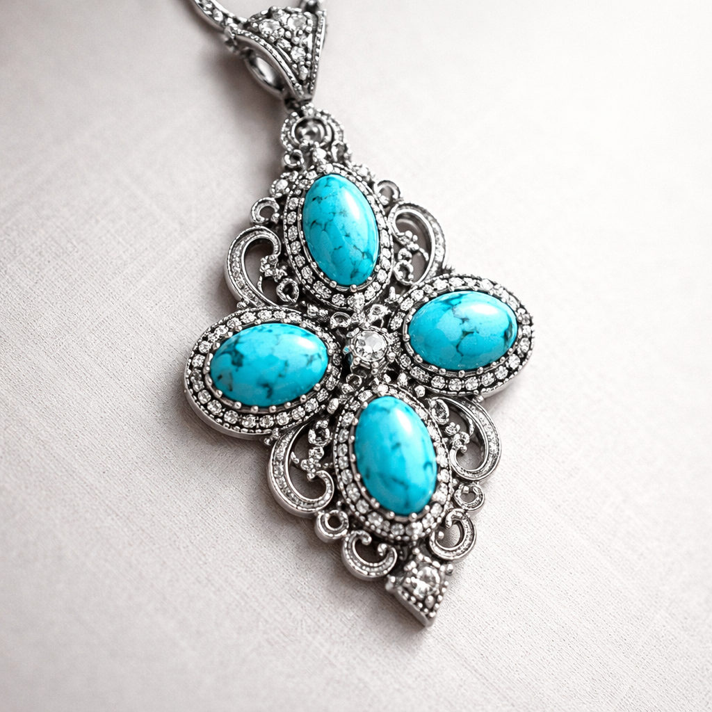 Four 6x4 calibrated oval turquoise cabochons set in silver pendant