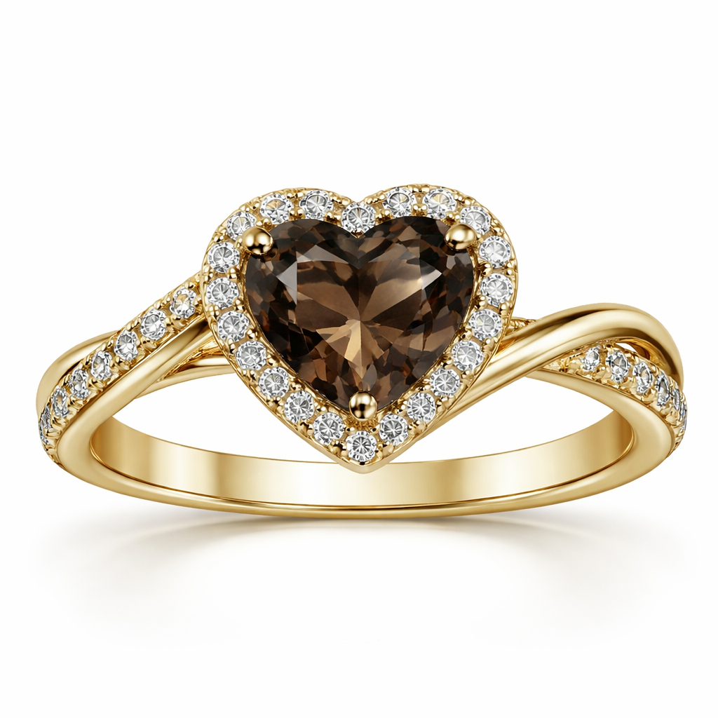 Yellow gold single twist size seven ladies ring with a 6mm heart shaped Smokey quartz set in a halo with 1mm round diamonds